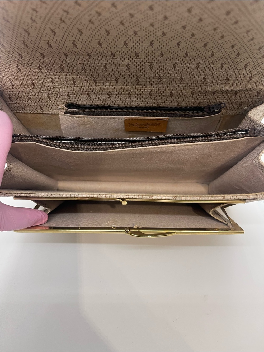 Yves Saint Laurent Beige and Brown Shoulder Bag with Monogram Trim - Picture 11 of 16